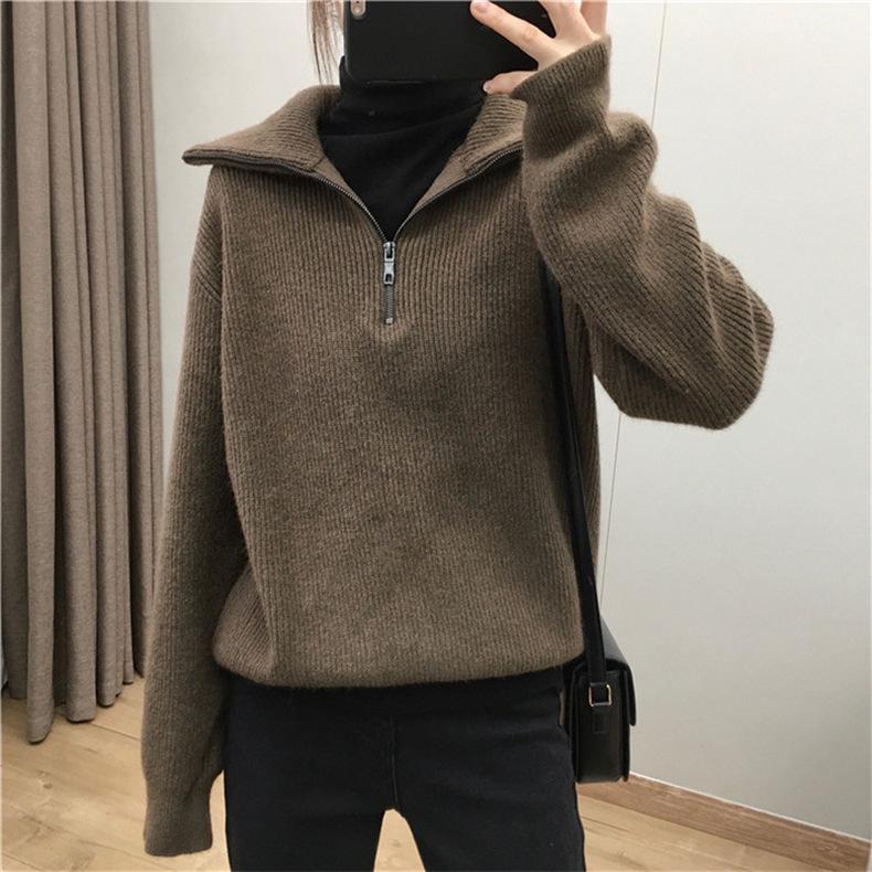 Zipper Large Laps Solid Color Sweater Loose Pullover Sweater Jacket