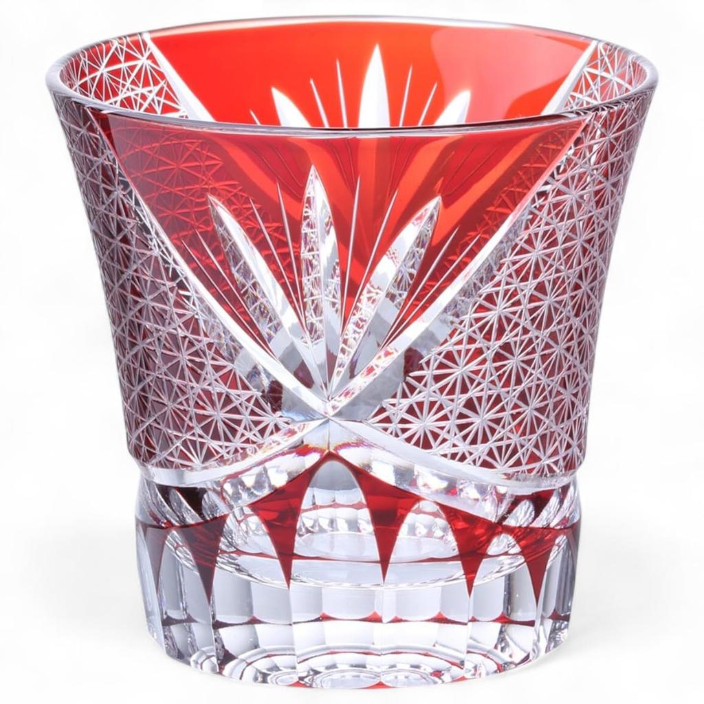 Mizukage Kiriko Glass Orchid Carving Small with Bottom Bishou J-kitchens Cup, 90xH85mm, 240cc, Pattern, Red, Engraving, (Current Model)