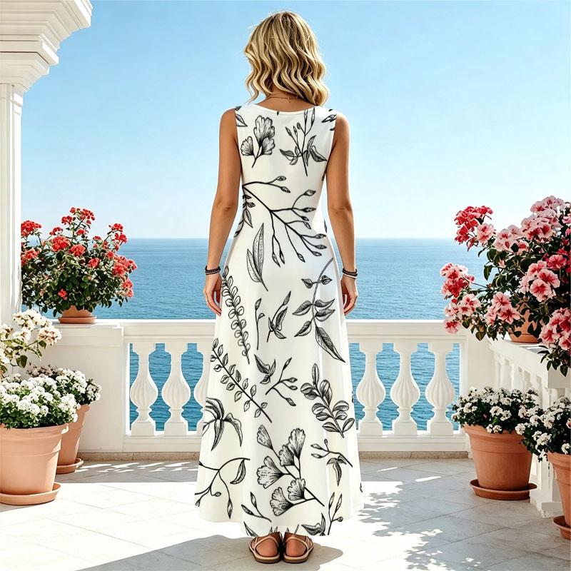 Summer Floral Sleeveless Maxi Dress for Women Lightweight Flowy,Fresh Natural Style for Beach Vacation & Daily Casual,Versatile Fashion