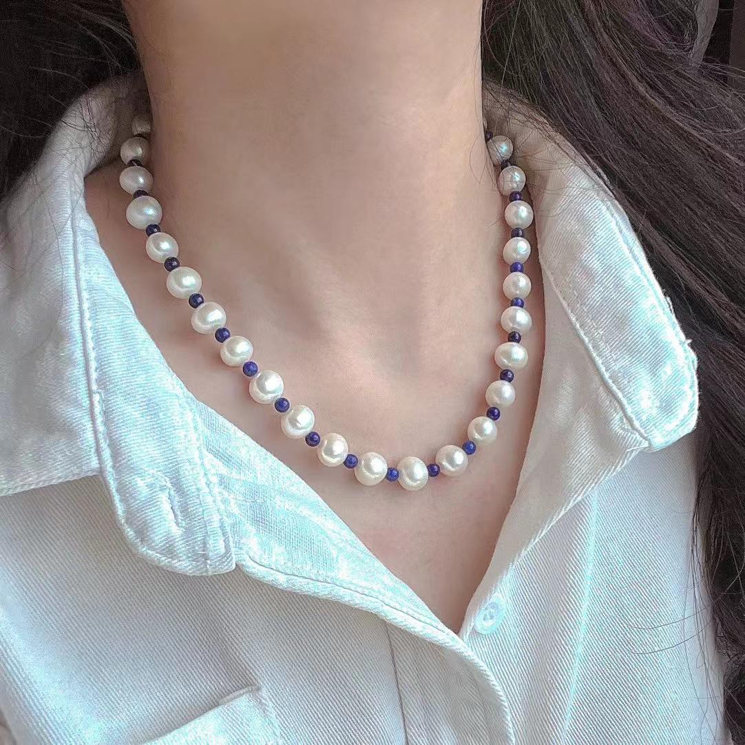 

Natural Freshwater Pearl Natural Lapis Lazuli Niche Design Sense Atmosphere Sense Necklace Neck Chain Collarbone Chain