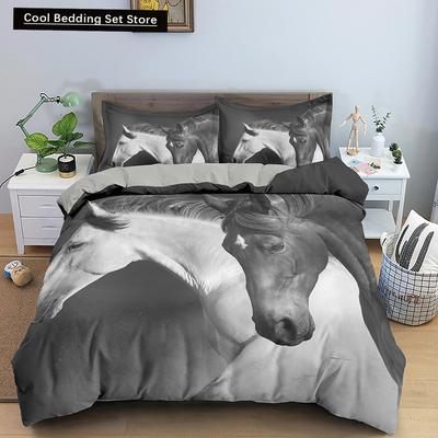 3D Horse Duvet Cover King Queen Size Black White Thoroughbreds Bedding Set for Teens Adults Animal  2/3pcs Polyester Quilt Cover
