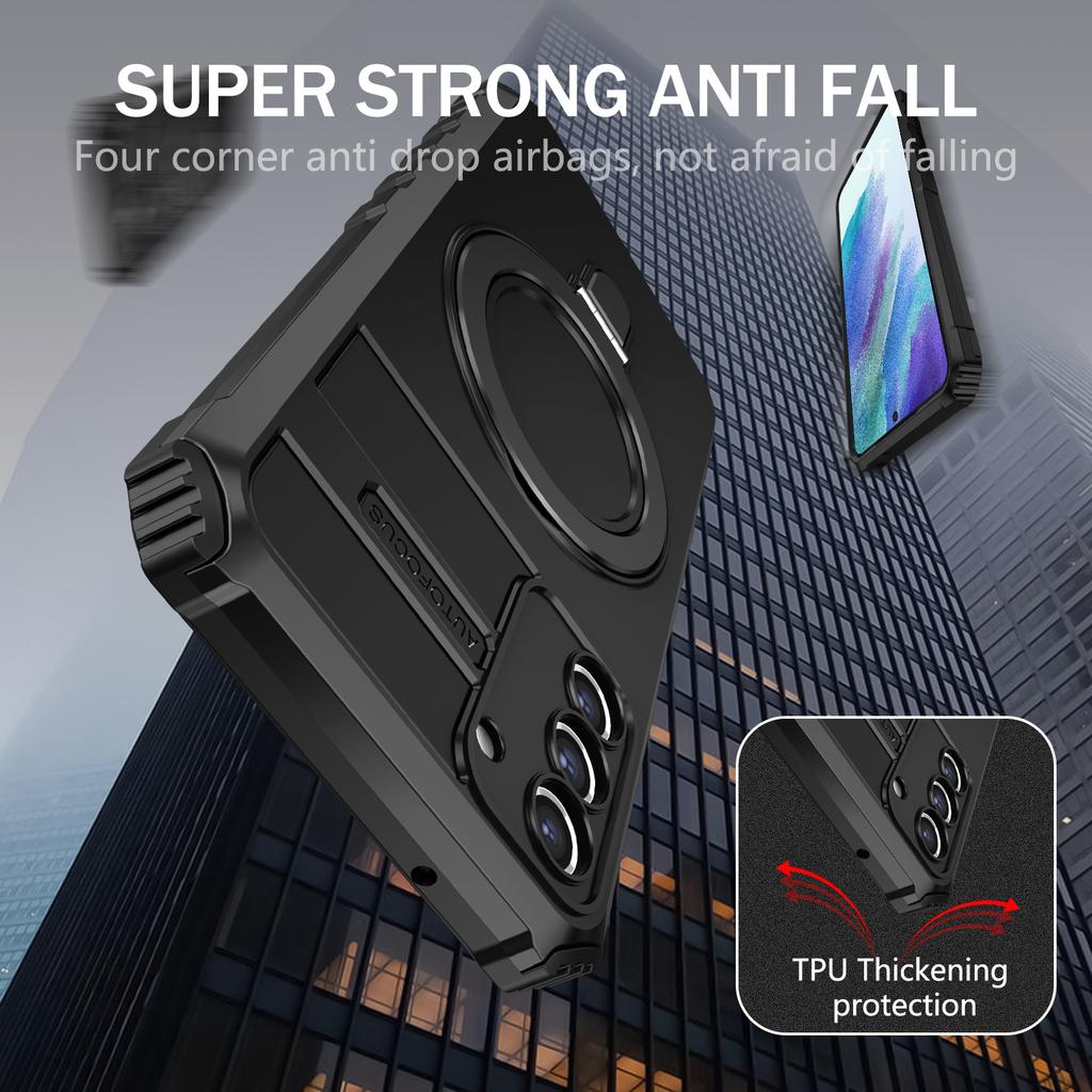 For Samsung Galaxy S21 FE 5G Magnetic PC+TPU Phone Case Finger Grip Kickstand Cover