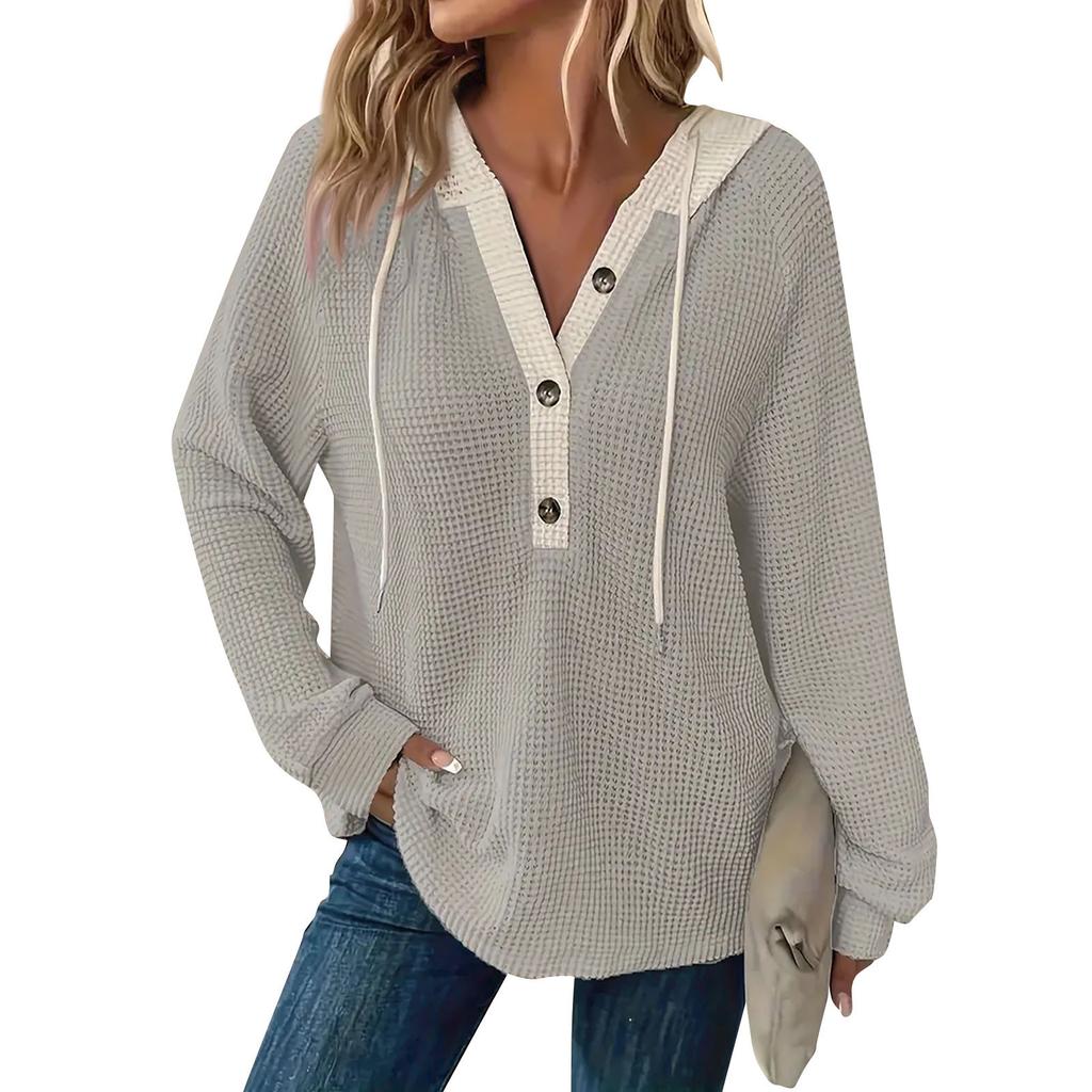 Damska bluza z długim rękawem i ściągaczem w blokach kolorów, z kapturem i guzikami, z dekoltem w serek, w swobodnym stylu