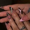 24Pcs Y2K Pink French Press On Nails 3D Metallic Silver Star Butterfly Almond False Nails Sweet Cool Wearable Manicure