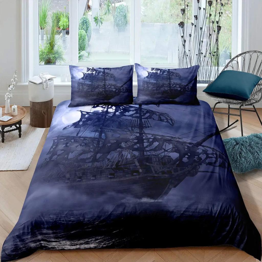 Pirate Sailboat Soft Duvet Cover Nautical Ocean Theme Young Boys Ten Beding Col Style Adult People Beding Set Wave Patern Printed Rom Decor