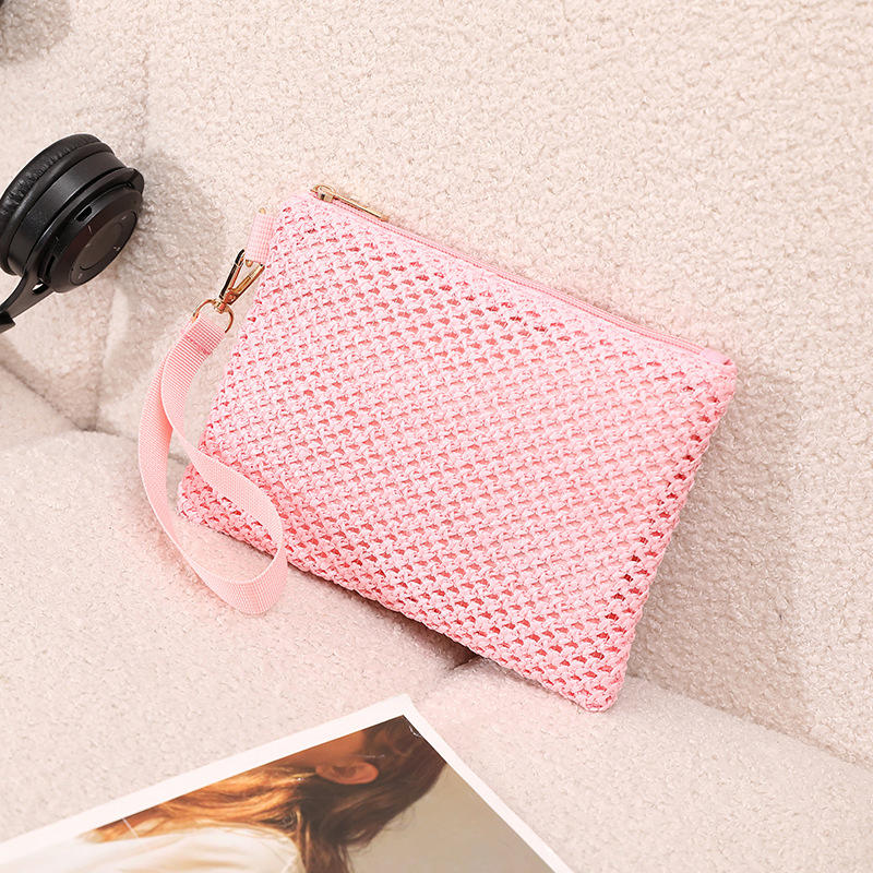 Fashion Straw Woven Bag For Women Hollow Out Beach Handbag With Wrist Strap Portable Phone Purse Solid Color Simple Cash Bag Summer Accessory