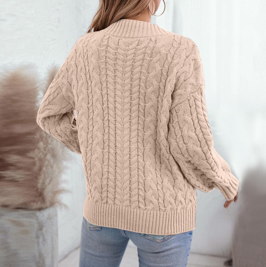 Women's Fashion Casual Loose Solid Color Pullover Retro Cable V-Neck Long Sleeve Knit Sweater