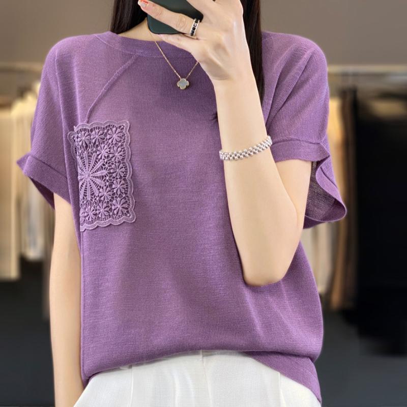 

Бамбуковый узел Хлопковый свитер с круглым вырезом, карманом с крючком, короткими рукавами, женский, модный, универсальный, трендовый топ, удобная базовая рубашка L