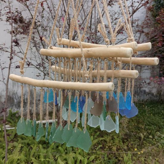 Handmade Sea Glass Wind Chimes for Outside Coastal Style Hanging Wind Chime with Wooden Hanger for Home Wall Garden Decor Gifts for Mom Women