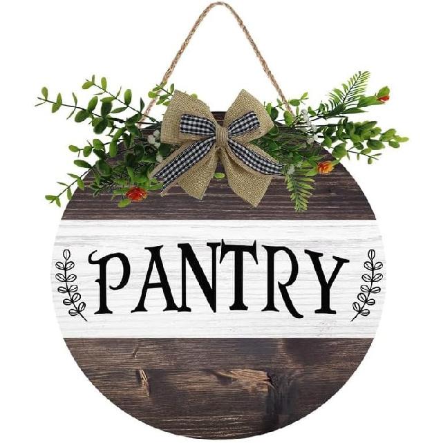 

Pantry Sign Front Door Porch Decoration, Round Rustic Wooden Hanging Sign With Bow and Straw Ring for Pantry Indoor Farmhouse Porch Party Family
