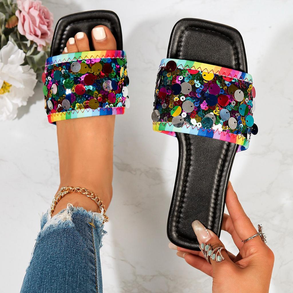 Flat-bottomed sequined cool slippers women's summer new square head wear large size 44 one-word slippers