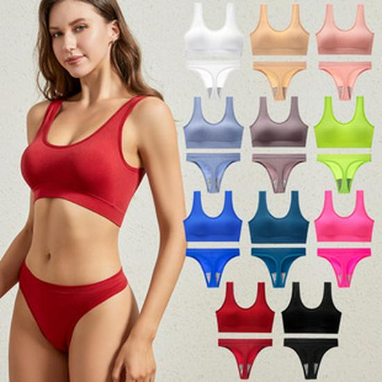 Women's French Wirefree Push-Up Bra Set - Thin, Sexy Triangle Cup Sports Underwear with Beautiful Back Design, Two-Piece.