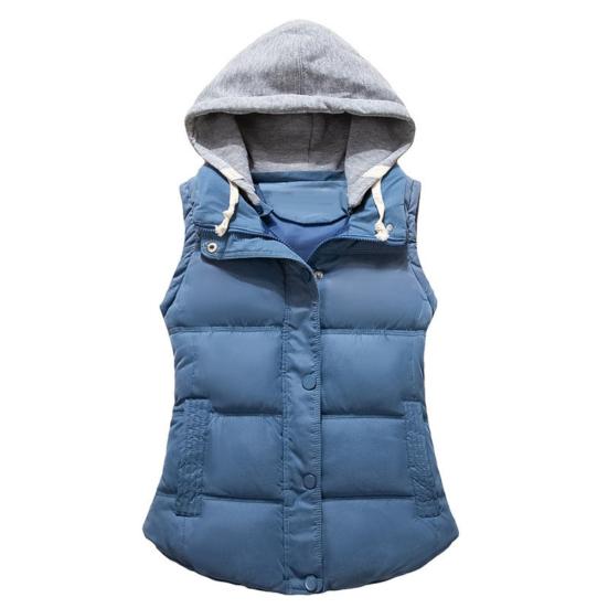 Colete com Capuz Sem Mangas Color Block Outono Inverno Feminino Colete Quente Espesso