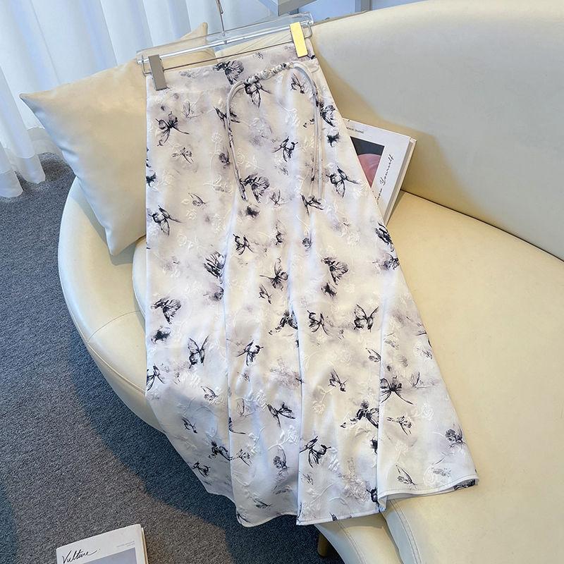 Midi-Rock mit Schmetterlingsdruck im chinesischen Stil für Damen Sommer Neo-Chinesisch Jacquard Froschknopf Lang A-Linie Blumenrock Elegant Hohe Taille