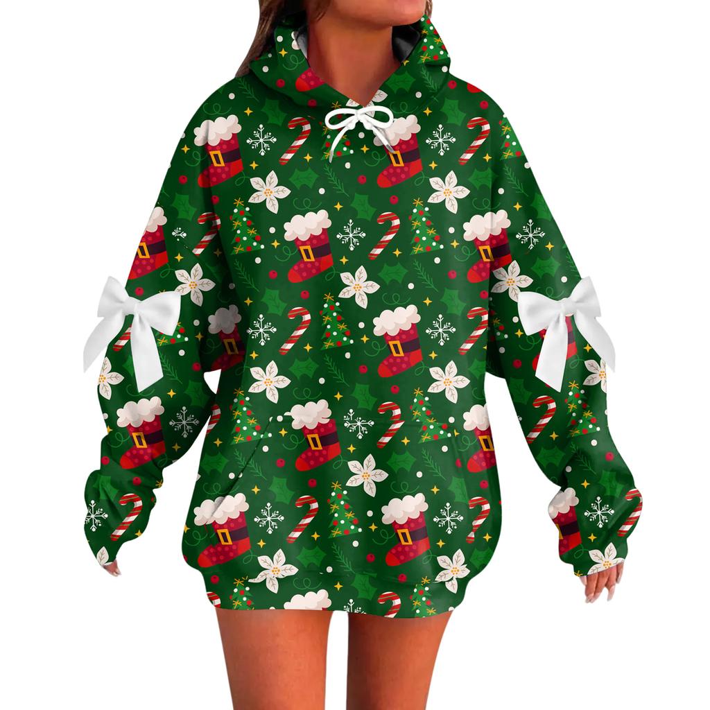 Ladies' Christmas Printed Bow Long Sleeved Loose Fitting Headband With Rope Hooded Sweatshirt Top
