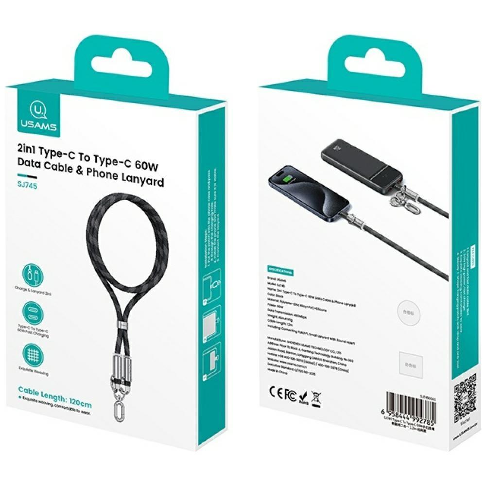 Usams SJ745 60W USB-C To USB-C Phone Lanyard with Charging Cable 1.2m Black