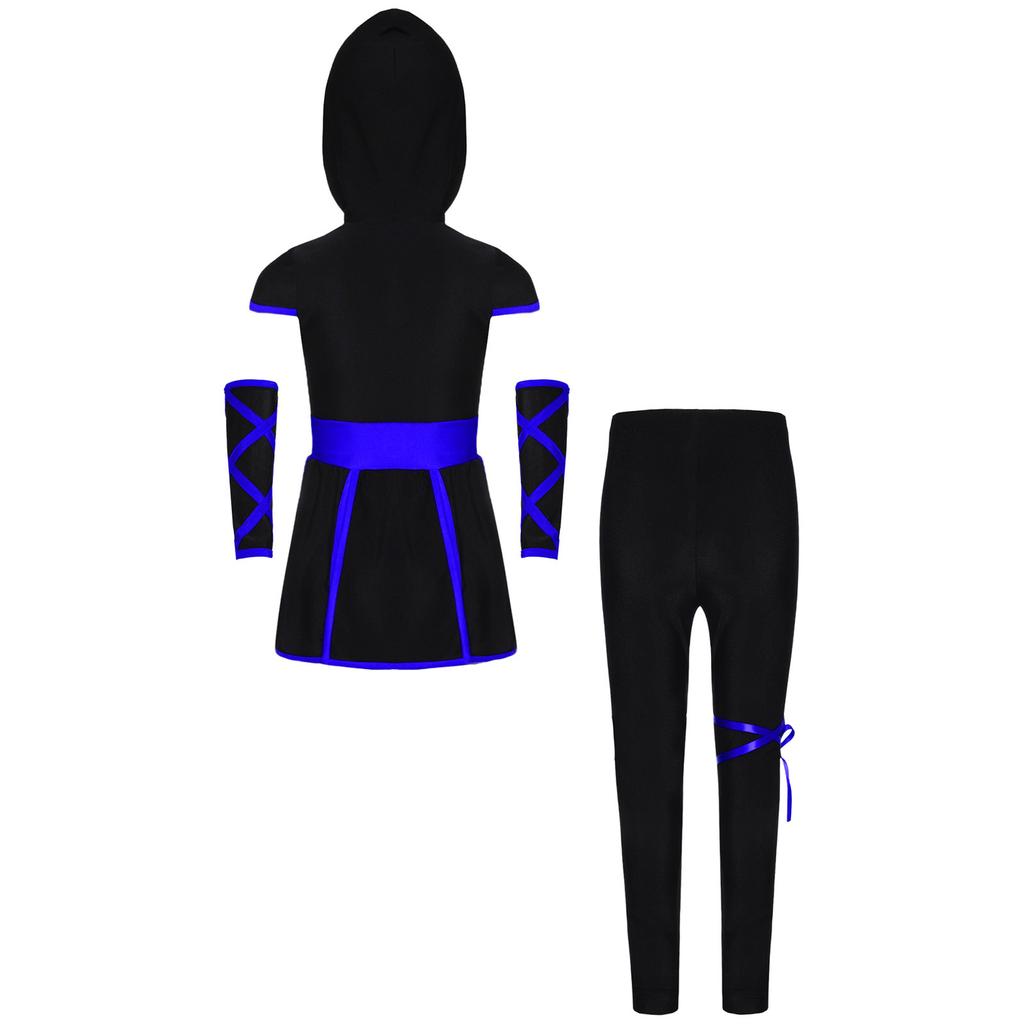 Costume Cosplay Ninja Unisex per Bambini Top con Cappuccio Stampa Drago Ampia Fascia Fondo Spaccato Set Guanti Pantaloni