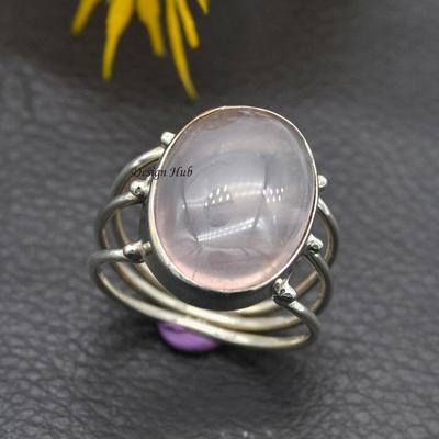 Rose Quartz Gemstone 925 Sterling Silver Handmade Jewelry Solid Ring For Xmas Gift
