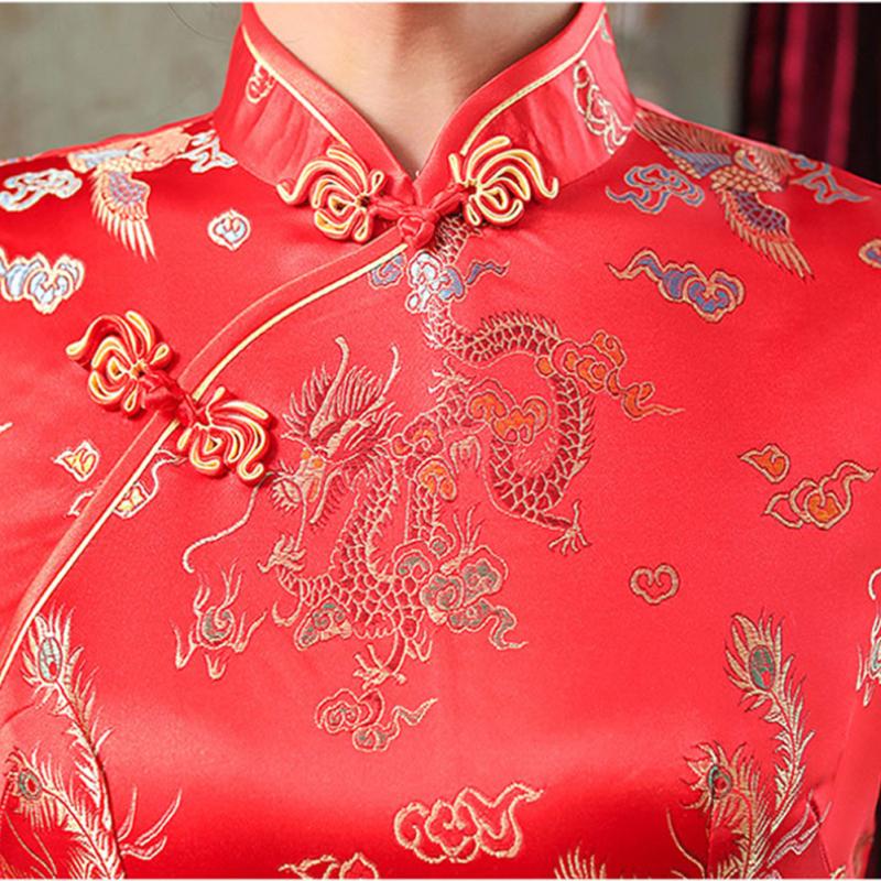 Women Short-sleeved Cheongsam  Dress Elegant High Split Hem Stand-up Collar Retro Chinese Style