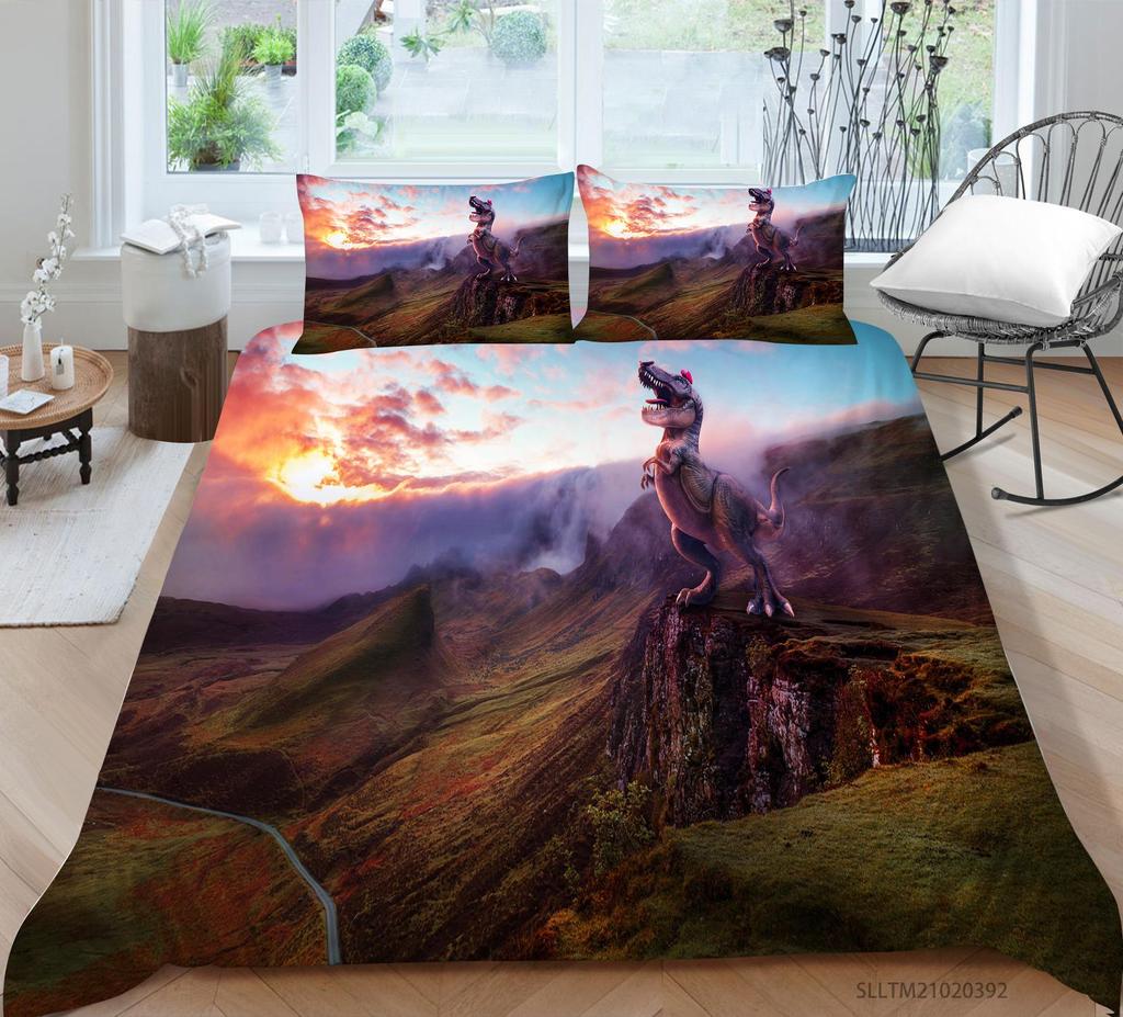 Fierce Beast Dinosaur Print Bedding Quilt Cover and Pillowcase Full-size Color Cartoon Dinosaur Pattern Comfortable and Luxurious Home Decoration