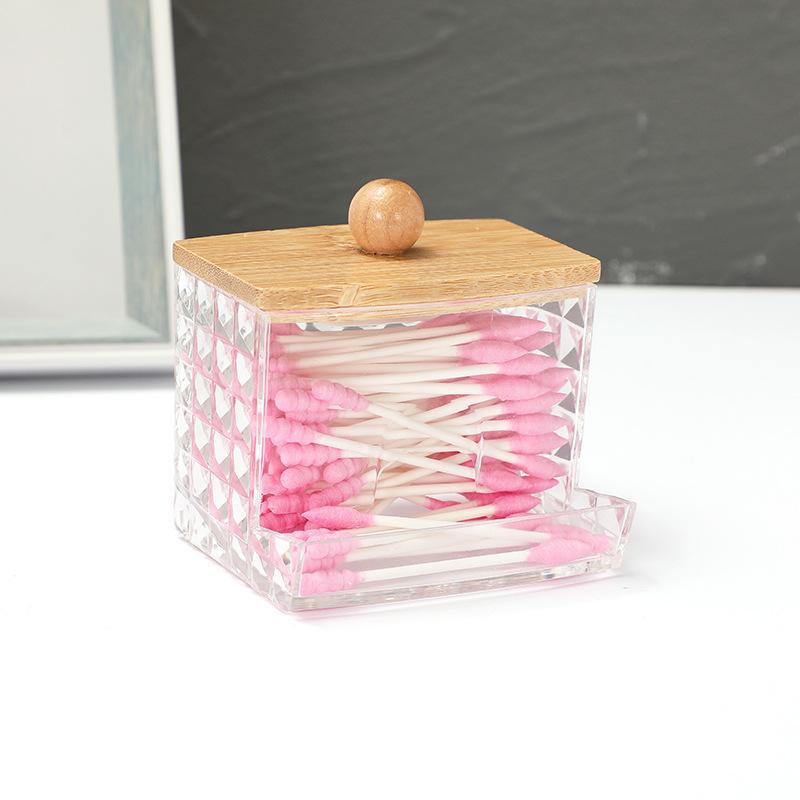 Acrylic Storage Box Bathroom Jar Makeup Organizer Cotton Round Pad Holder Cotton Swab Box Qtip Holder Dispenser with Bamboo Lid