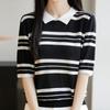 Navava Women S caSual Striped Collar Short Sleeve Knit Tee Nk2951