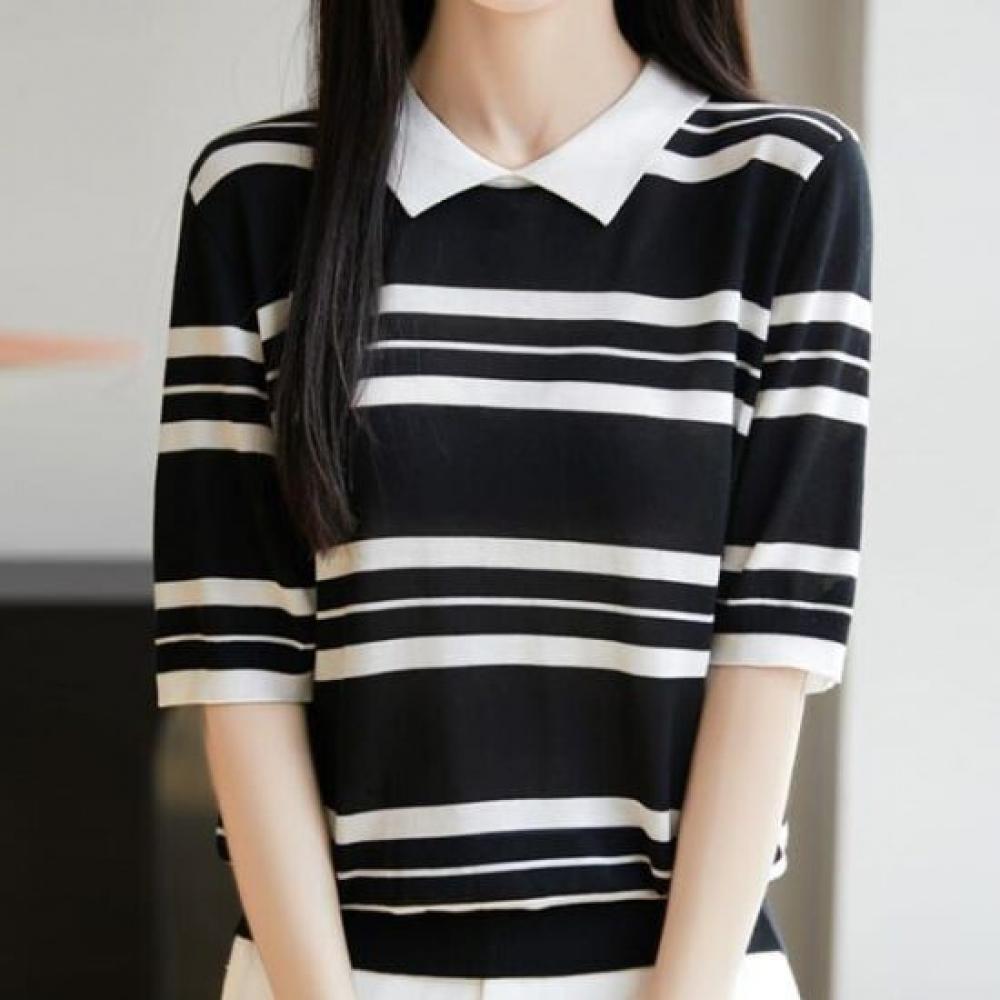 Navava Women S caSual Striped Collar Short Sleeve Knit Tee Nk2951
