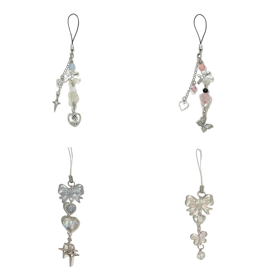 Bowknot Pendant Phone Chain Strap Flower Charm Beaded Keychain Phone Lanyard Acrylic Keyring Bag Ornament Jewelry Gift
