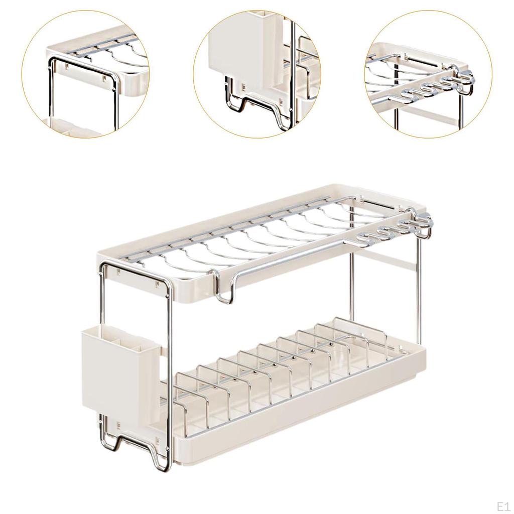 2 Tier Countertop Dish Draining Rack Organizer Kitchen with Drip Tray Space Saving Drainer