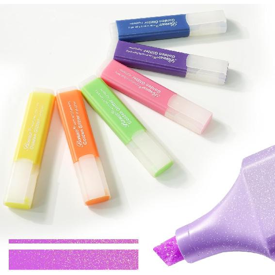 Gold Glitter Highlighters - Chisel Tip, No Bleed, Assorted Colors - 6 Pack Metallic Colors Cute Highlighter Markers, Pastel Highlighters for 6Pcs Golden Glitter