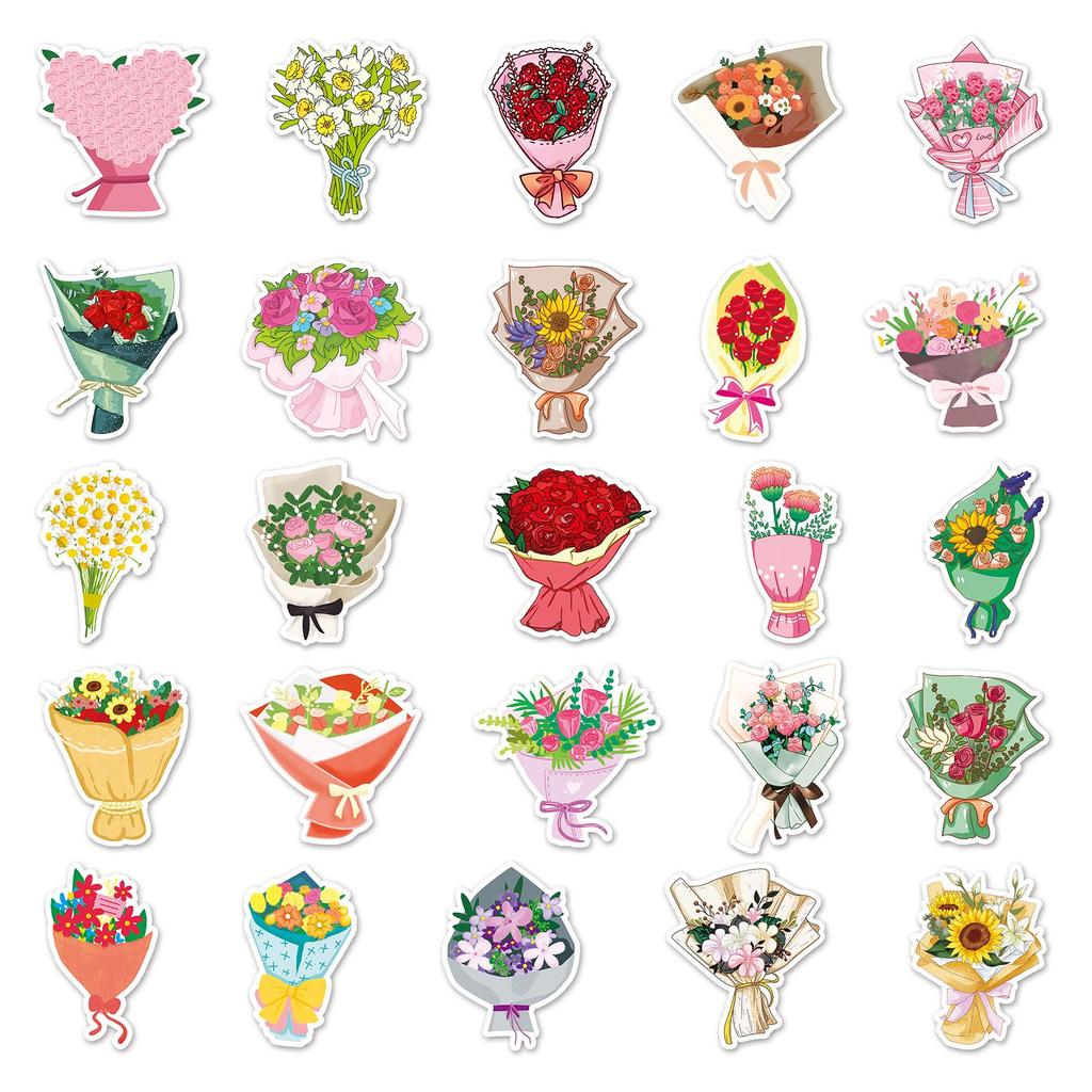 50 Flower Bouquet Stickers: Waterproof, Decorative, INS Style for Planners and Stationery