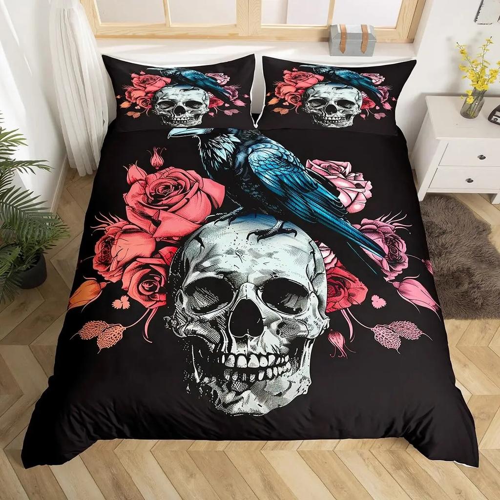 Sugar Skull Lover Bed Cover King Size Kissing Couple Skeleton Sleep Bedding Collection Red Rose Comforter Cover Death and Love Theme Quilt Cover