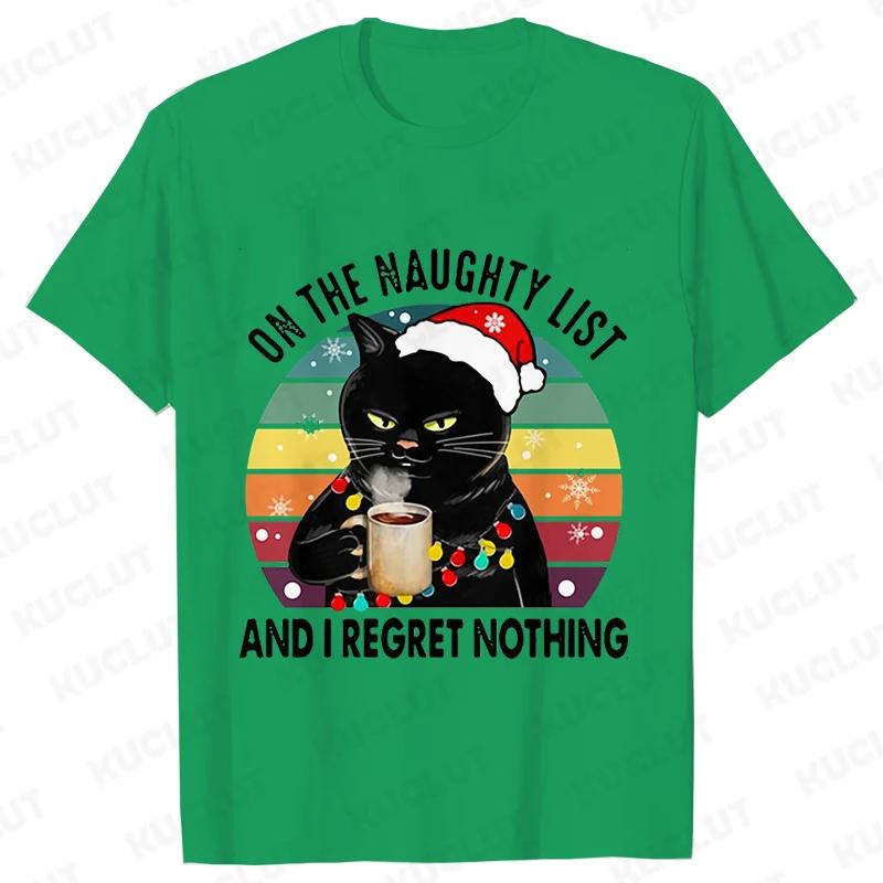 

Funny Unisex Tshirt on The Naughty List and I Regret Nothing Tops Black Cat Print Tshirts Casual Merry Christmas Casual Tshirts 4XL