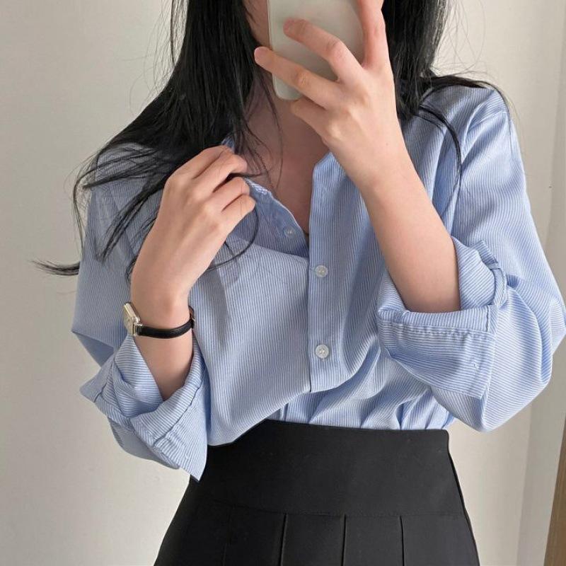 Korean chic retro striped polo collar long-sleeved shirt loose lazy cardigan women's top shirt