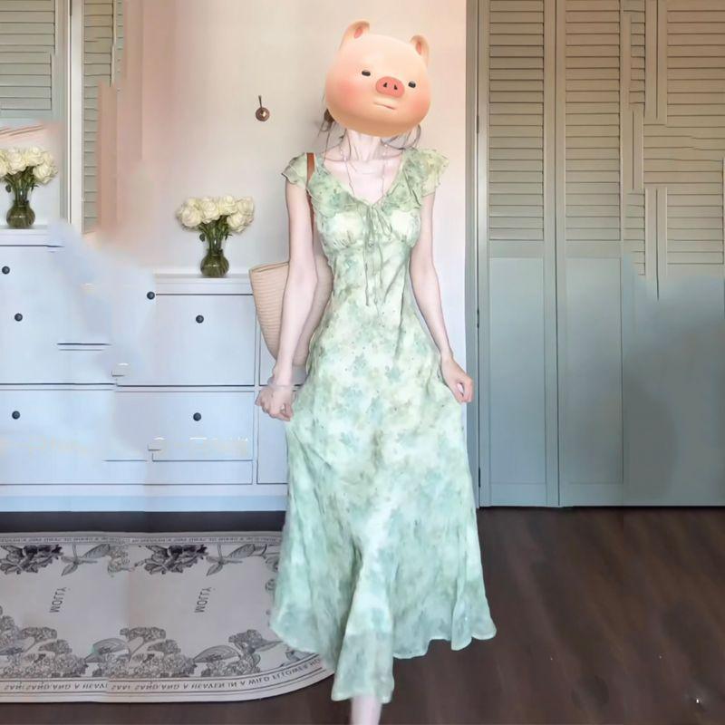 2026 French Elegant Green Floral Cap Sleeve Cinched Waist Dress Medium зелёный