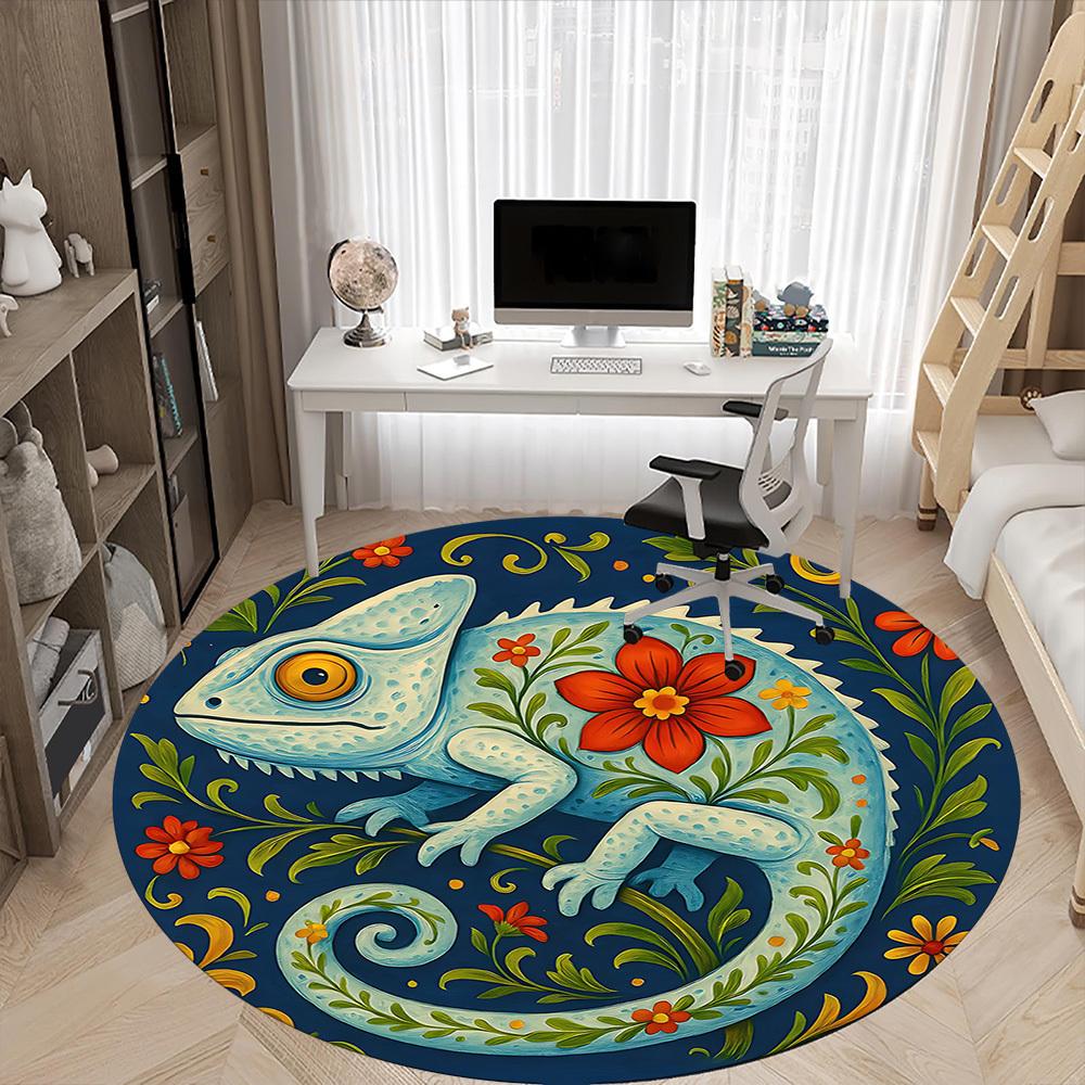 1pc Chameleon Flowers Office Round Area Rug, Indoor Mat Suitable For Office, Under Office Chairs Bedroom Living Room Home Decor, Room Deco