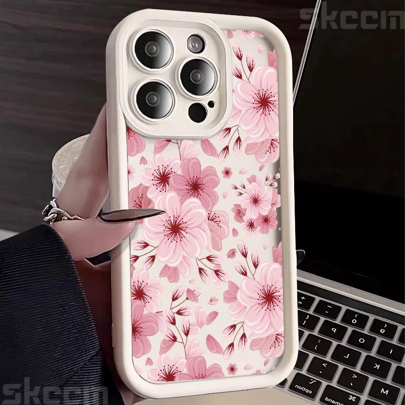 Pink Peach Flower Phone Case For iPhone 16 16E 15 14 13 12 11 Pro Max X XR XS Max 7 8 Plus Anti-Drop Silicone Soft Cover