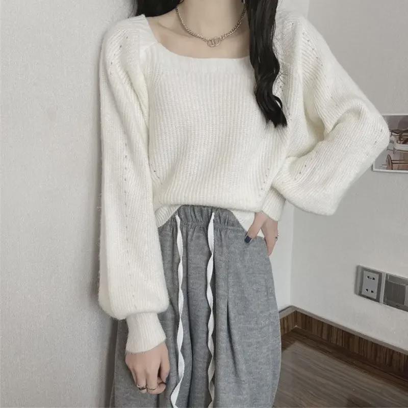 European Style Women's Lantern Sleeve Knitted Sweater Top