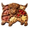 Dřevěná charcuterie deska s motivem krav z hor, s přihrádkami na svačinu, ovoce, maso, sýr, servírovací tác, venkovský styl, rodinná oslava