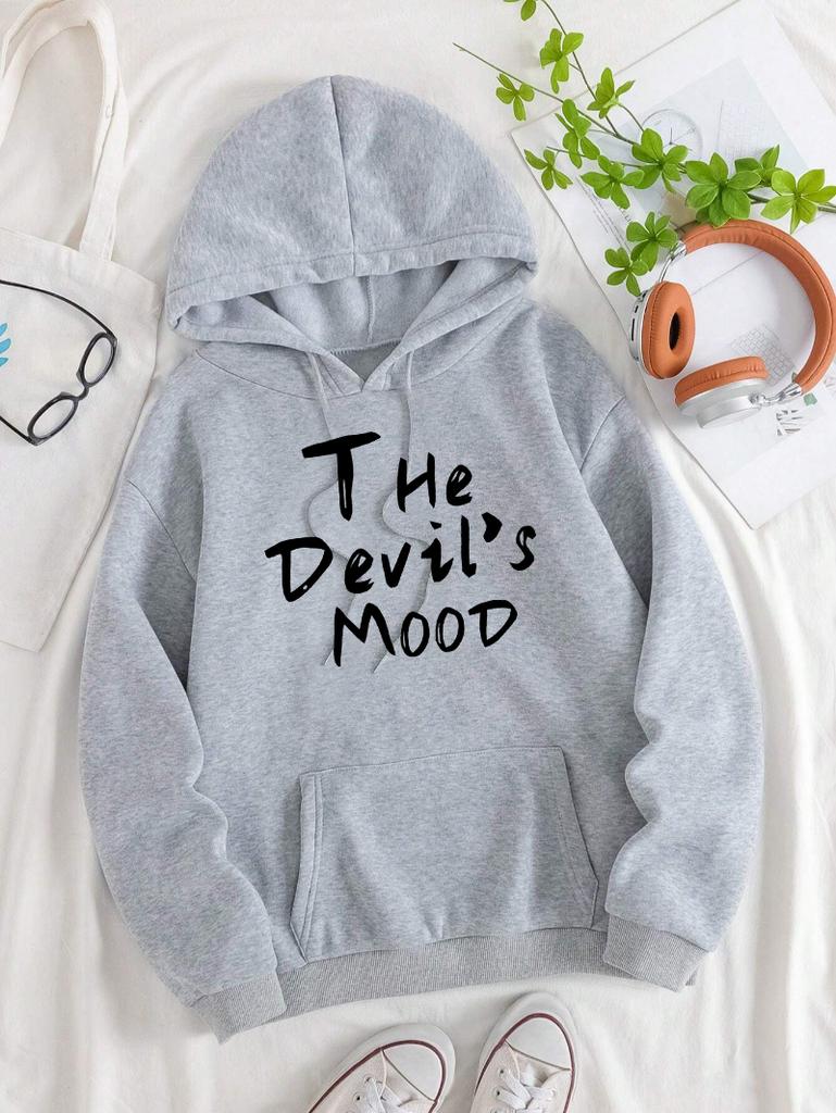 The Devil'S Mood Art Letter Print Women Hoody Vintage Pocket Hoodie Loose Y2K Fleece Clothing Soft Multicolor Streetwear