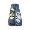 American Hip Hop Graffiti Print Denim Shorts Loose Wide Leg Jeans Teens
