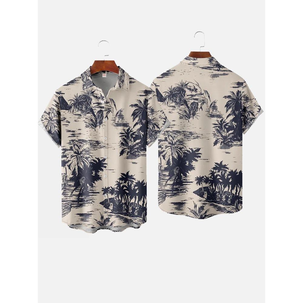 Men's Hawaiian Plant Print Shirts Vacation Vintage Leaf Fashion Summer Button Shirt Beach Casual Lapel