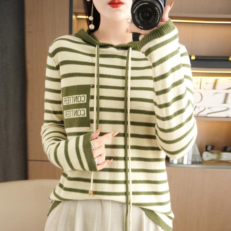 

YYFS женские модные повседневные полосатые принты осень-зима с длинными рукавами и капюшоном свободные свитера XXL зелёный