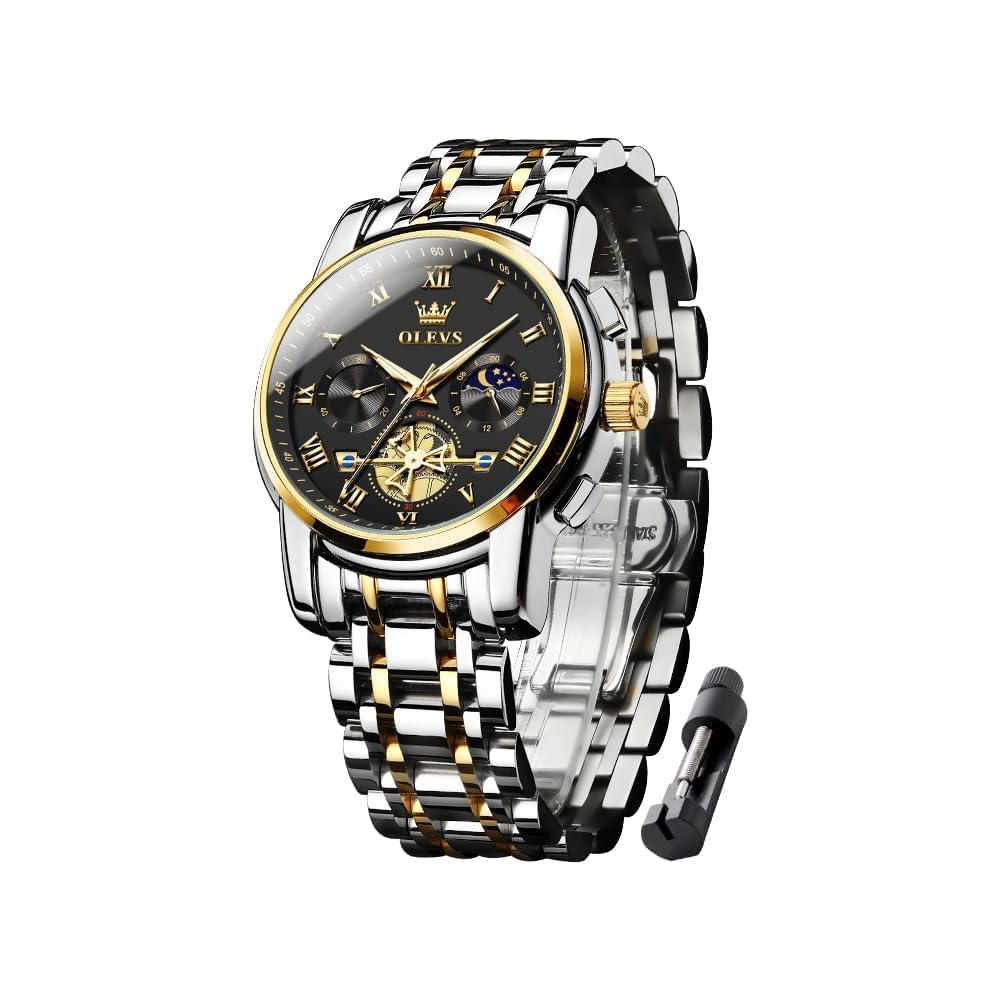 OLEVS Men s Stylish Chronograph Watch Business Analog Waterproof Quartz Gold/Black