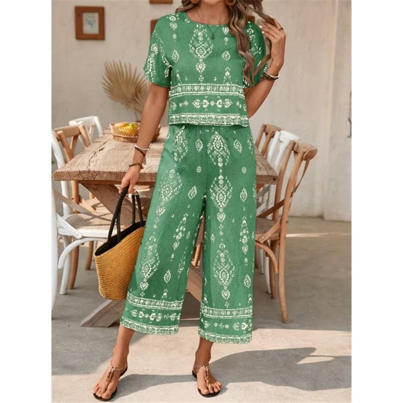 Dames Bohemian Bedrukt Tweedeel Outfit Korte Mouw Crop Top Wijde Capri Broek Vintage Etnisch Casual Loungewear Set