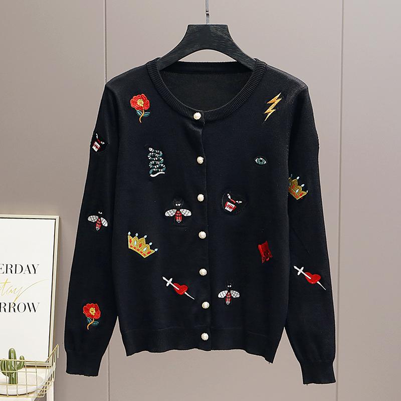 Autumn Women Designer Embroidery Monsters Single Breasted Knitted Sweater Coat Jacket
