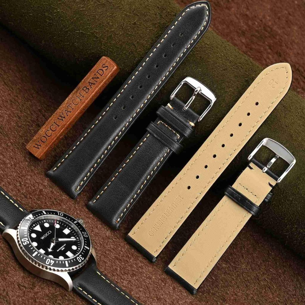 WOCCI 20mm Uhrenarmband, Vintage Echtes Leder Uhrenband (Schwarz mit Kontrastnähten), Inklusive Einstellwerkzeug und Federstegen