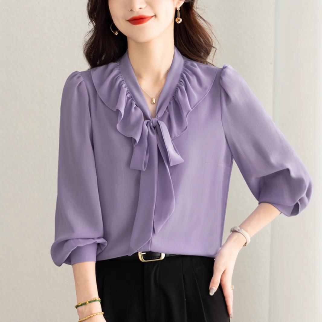 

Французская шифоновая рубашка женская весенняя модная неторопливая утягивающая живот топ высокого класса нишевый дизайн 3XL