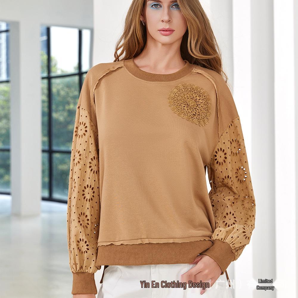 Solid Color Crochet Patchwork Long Sleeve Hoodie
