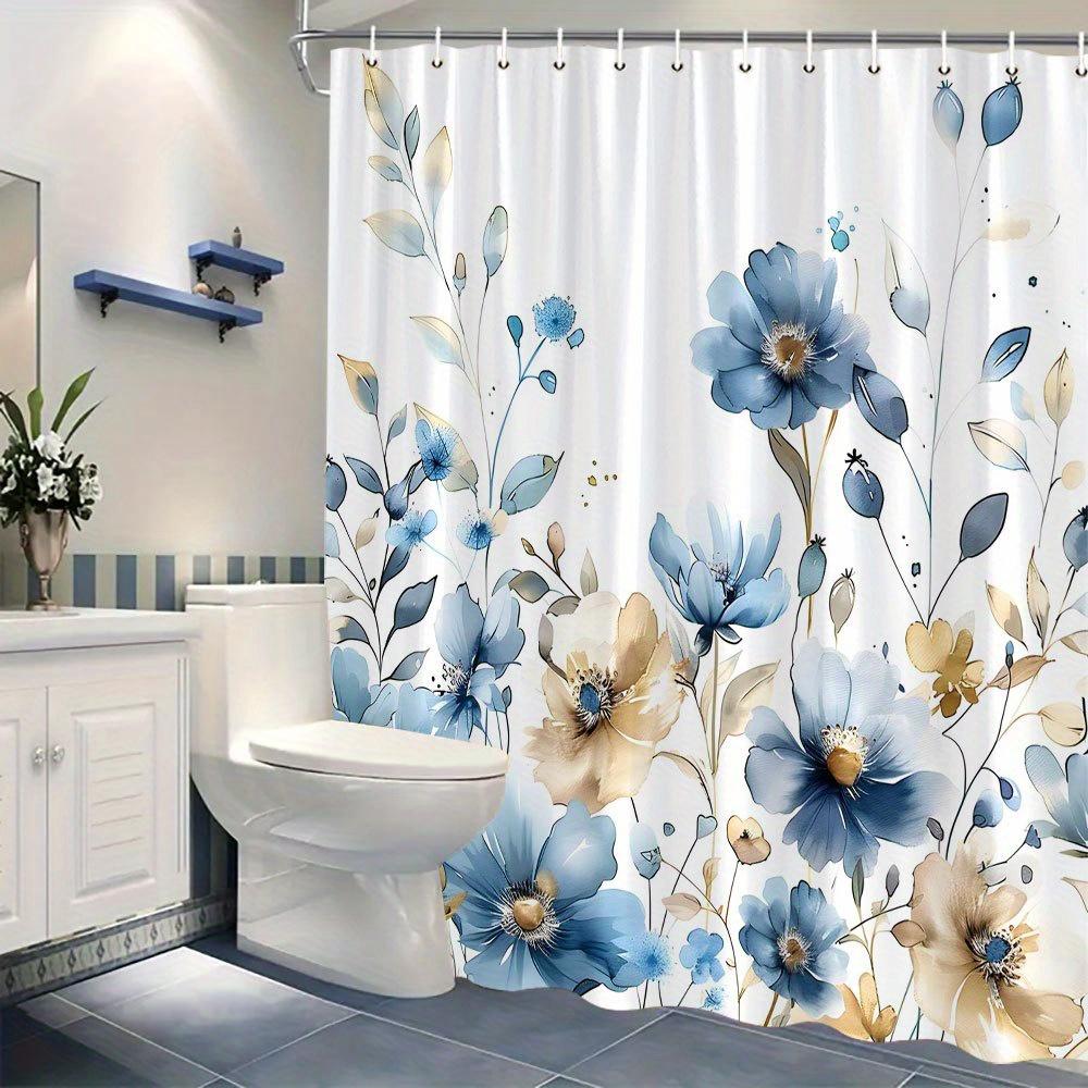 1pc Elegant floral shower curtain, watercolor blue and beige flowers, soft gradient design, polyester fabric, with hooks